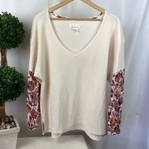 Anthropologie Tan Cream & Red Long Floral Sleeve V Neck Oversized Top M thumbnail 2