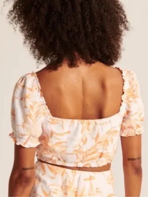 Abercrombie‎ & Fitch Orange and Cream Floral Linen Blend Puff Sleeve Crop Top thumbnail 6