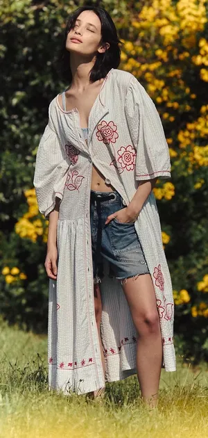 Free People Embroidered Cottage Bohemian Seersucker Saugatuck Midi Dress Large thumbnail 1