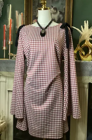 Cider Burgundy Gingham Bow Shoulder Long Sleeve Mini Dress XL thumbnail 1