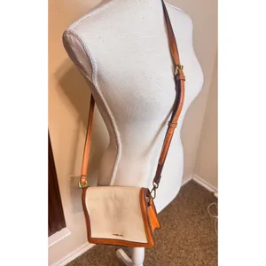 Rachel Zoe Small Crossbody Bag Leather Canvas Cream Brown Gold Turn-Lock thumbnail 2