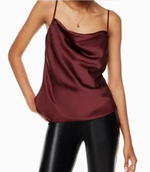 Aritzia Wilfred Allusion Burgundy Wine Satin Draped Front Top Small thumbnail 1