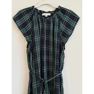 Loft Dress Women's 12 Blue Green Plaid‎ Shift Belted Short Sleeve Pleated Lined thumbnail 3