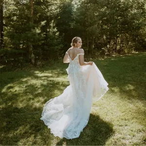 Lilian West Bohemian Off-The-Shoulder A-Line Wedding Gown with Lace Size 14 thumbnail 7