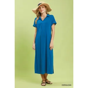 Umgee Collared Belted Midi‎ Dress - Cerulean - Small thumbnail 3