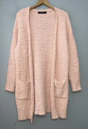 Merokeety Cardigan Size Large Peach Soft Popcorn Knit Boucle Sweater Cozy Chic thumbnail 1