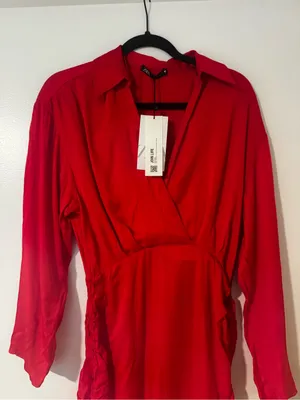 Zara Women’s Bright Red Long Sleeve Wrap-Style Mini Dress with Ruched Drawstring thumbnail 10