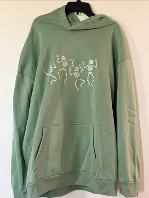 Sage Green Hoodie with White Dancing Skeletons thumbnail 1