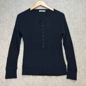 Vintage Stamp 10 Womens M Ribbed Henley Black Long Sleeve Elena Gilbert Y2K thumbnail 1