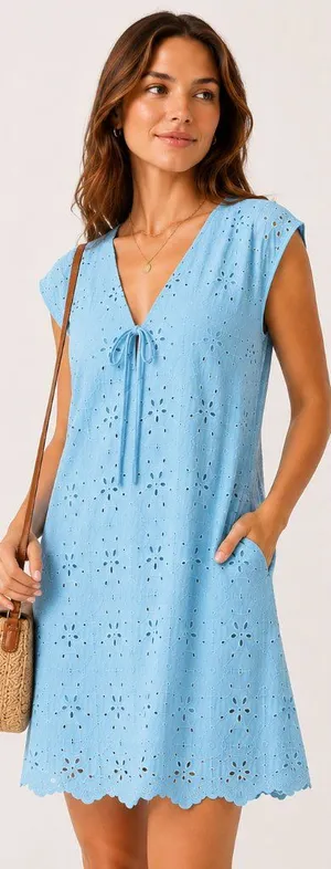 NWT A New Day Eyelet Mini Dress Blue V-Neck Tie Front Size Large thumbnail 1