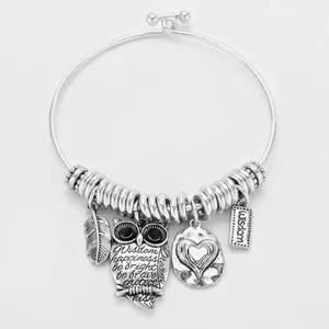 New Womens Boutique Silver Owl Charm Metal Inspirational Hook Bracelet thumbnail 2