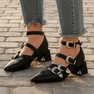 Guanghuiyuzu Black Pointed Toe Buckle Strappy Block Heels‎ Women's Size 35 thumbnail 1