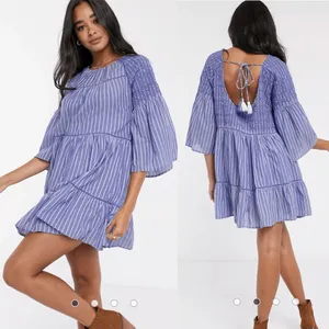 Free People Lola Boho Striped Tiered Dress Chambray Blue Embroidered Lagenlook‎ thumbnail 2