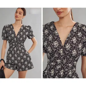 Anthropologie The Katerina Button-Front Romper Size M Black Floral‎ thumbnail 2
