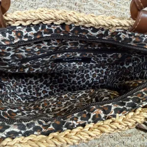VTG Small Express Woven Straw Tote Bag Beige Leopard Print Lining Crochet Summer thumbnail 6