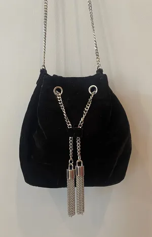 Black Velvet Drawstring Bucket Bag with Silver Chain Tassels thumbnail 1