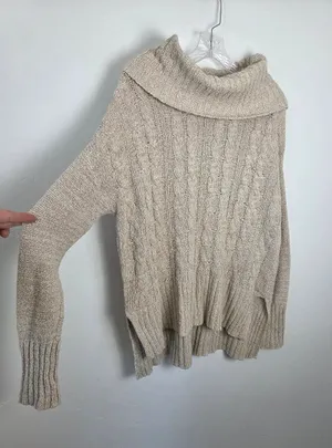 Mossimo Cowl Neck Roll Neck Sweater Chunky Cable Knit Cotton Oatmeal Beige L thumbnail 1