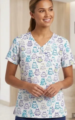 Bonita Frog Print Mock Wrap Scrub Top 🐸 Green Size M thumbnail 1