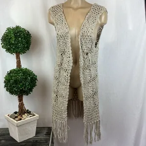 Rebellion Tan Sheer Crochet Fringe Open Front Cardigan Sweater NEW L thumbnail 2