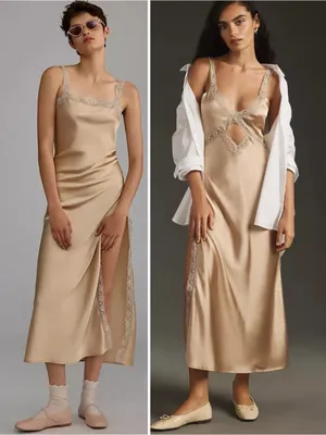 By Anthropologie Reversible Lace-Trimmed Sleep Dress Satin Gold Cutout Sz L 🧡🎀 thumbnail 2