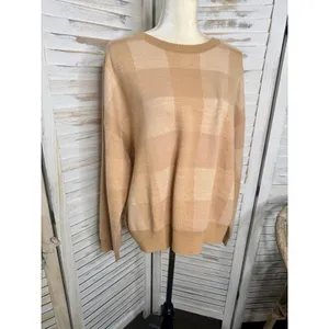 MADEWELL Women's XL Merinol Wool Windowpane Plaid Pullover Sweater Camel Tan thumbnail 4