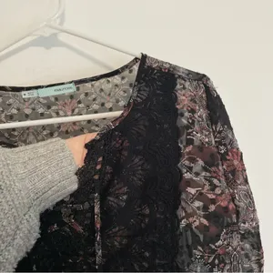 MAURICES Black Geometric Swiss Dot Crochet Lace Up Long Sleeve Peasant Top Tunic thumbnail 5