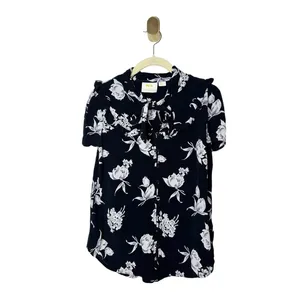 Anthopologie Maeve Black Floral Adagio Ruffle Collar Tie Top Small thumbnail 2