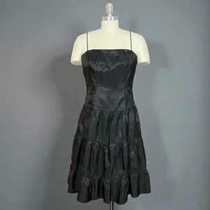 Niki By Niki Livas Vintage 80s Black Spaghetti Strap Crinkle Taffeta Tiered A Line Dress thumbnail 2