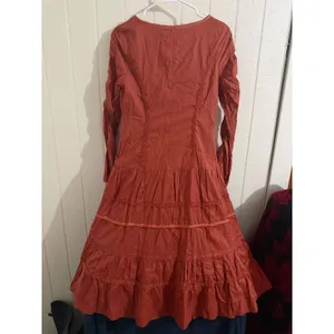 Runway 101 Terracotta Rust Cotton Smocked Tiered Midi Dress Boho Lace Trim M thumbnail 7