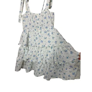Cider‎ Blue Floral Tiered Mini Dress White Lace Up Corset Tie Shoulder Medium thumbnail 9