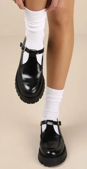 Steve Madden Leona Black Patent Mary‎ Jane Loafers Lug Sole Women's Size 5 thumbnail 1