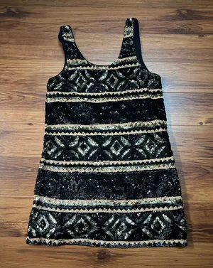 FREE PEOPLE Women’s M Geometric Print Sequin Shift Dress Black Tan Gold size XS thumbnail 1