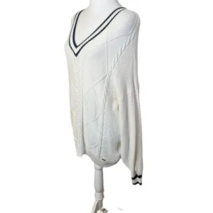 Hollister Preppy V-Neck Cream White Cable Knit Sweater‎ Medium Oversized Tennis thumbnail 4