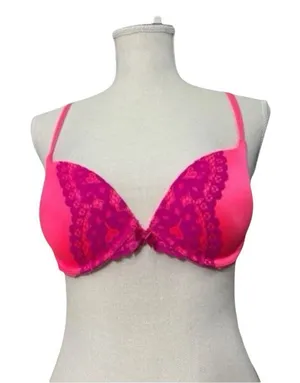 Victoria’s Secret Push Up Bra 34B Plunge Neon Pink Underwire Purple Floral Lace thumbnail 1