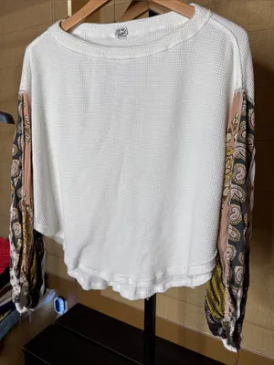 Free People We The Free Blossom Thermal Top Small Boho Patchwork Balloon Sleeve thumbnail 7