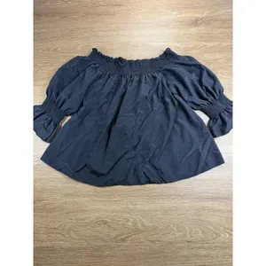 7 For All Mankind Blouse Womens M Black Silk Cotton Off Shoulder Peasant Boho thumbnail 2
