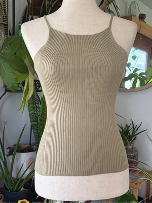 Zara Tan Ribbed Knit High Neck Halter Tank Top Small 90s Minimalist Y2K Cami thumbnail 1