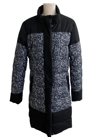 Fabletics‎ Waco Womens Black Gray Print Puffer Coat Longline Quilted Jacket Sz M thumbnail 1