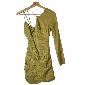 Zara Olive Green Draped One Shoulder Linen Mini Dress‎ XS thumbnail 2