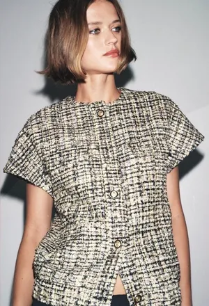 Zara collection black gold sequin tweed button down short sleeve blouse XS S thumbnail 1