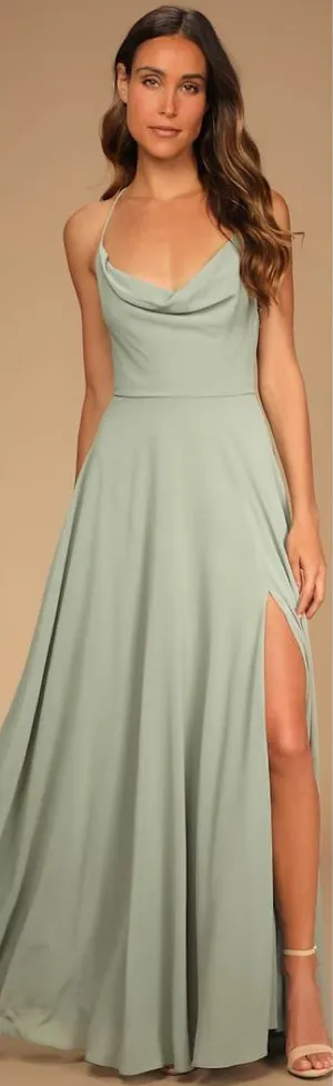 Lulus Romantically Speaking Sage Green Cowl Lace-Up Maxi Dress Size Medium thumbnail 1