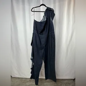 Eloquii One Shoulder Ruffle‎ Denim Jumpsuit in Blue Size 24 thumbnail 3