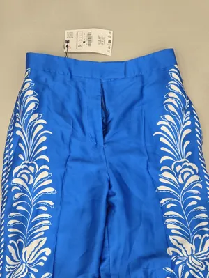 NWT! Zara Satin Floral Print High Waist Trousers Blue & White Size S thumbnail 6