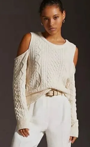 NWT Anthropologie Pilcro Cutout Fisherman Sweater Cream Size S thumbnail 1