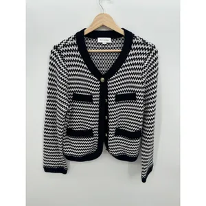 Free Assembly Womens Navy White Textured Knit Gold Button Cardigan Sweater M thumbnail 2
