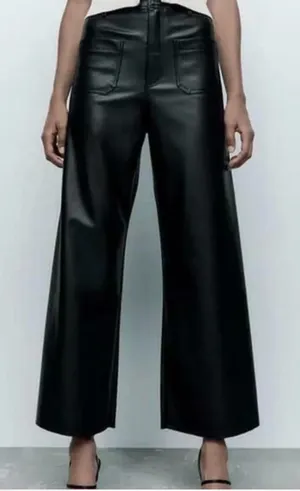 ZARA Leather Pants High-Rise Wide-Leg Black Faux thumbnail 1