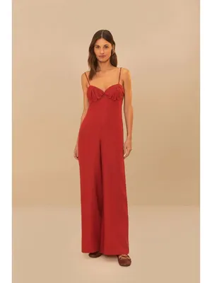 NWOT Farm Rio Red 3D Petals Bodice Euroflax Premium Linen Jumpsuit M Wide-Leg thumbnail 2