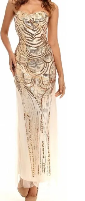 Strapless Gold Sequin Evening Column Dress Size L thumbnail 1
