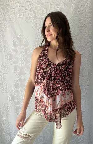 Frederick’s Of Hollywood Floral Handkerchief Halter Tank Top Y2K Large thumbnail 1