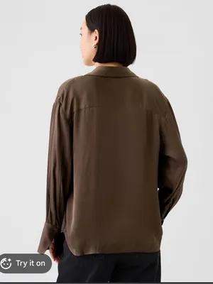 Gap NWT!! Women’s Satin Relaxed Button Down Shirt in Chocolate Brown thumbnail 3